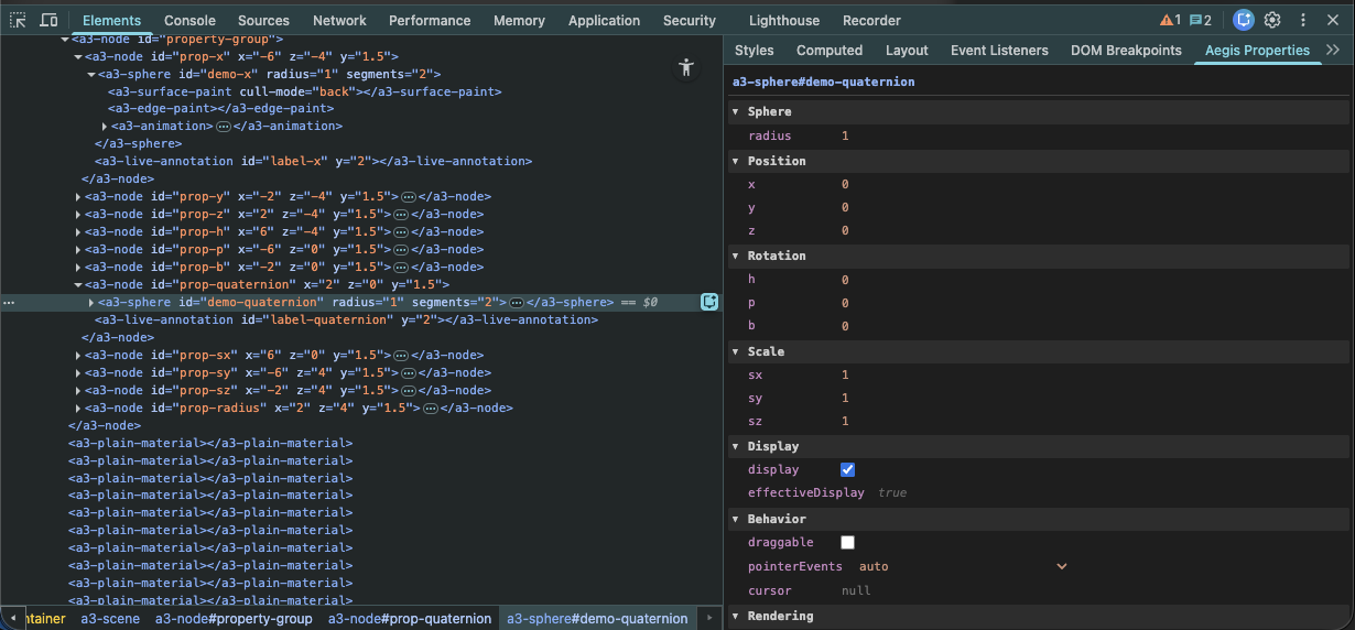 Chrome DevTools with Skenra Properties panel open